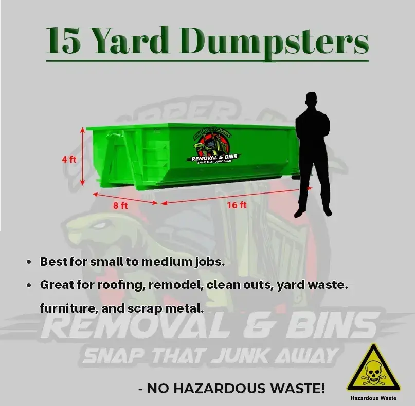 Snapper's own size graphic of the 15-yard dumpster, 8 ft by 16 ft by 4 ft, marked No Hazardous Waste