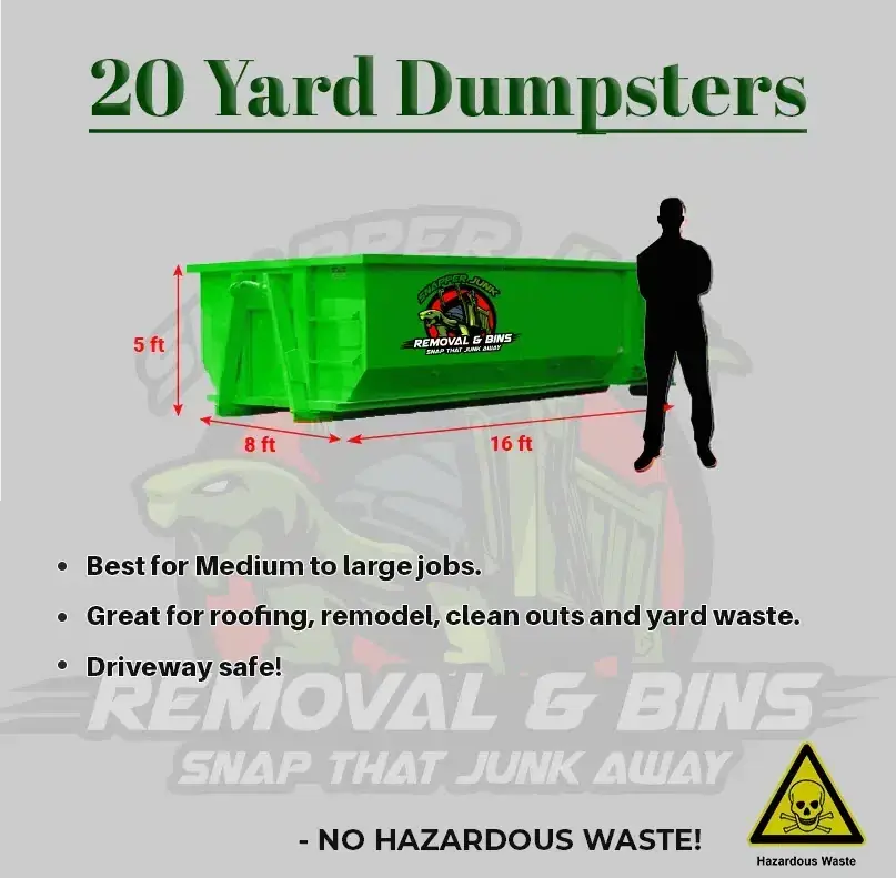 Snapper's own size graphic of the 20-yard dumpster, 8 ft by 16 ft by 5 ft, marked No Hazardous Waste